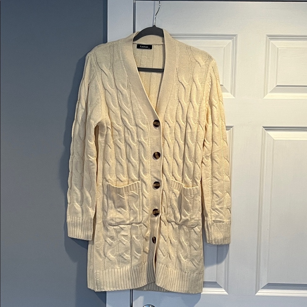 Long Cream Cable-Knit Button Cardigan with Patch Pockets